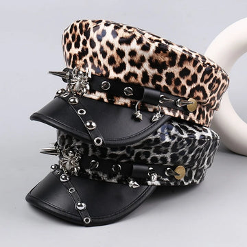 Unisex Hip-Hop Punk Leather Cap – Flat Top Baseball Hat with Rivet & Leopard Print