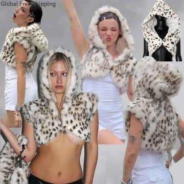 Unisex Furry Faux Fur Hooded Hat – Leopard Print Warm Scarf for Halloween, Cosplay & Winter Fashion