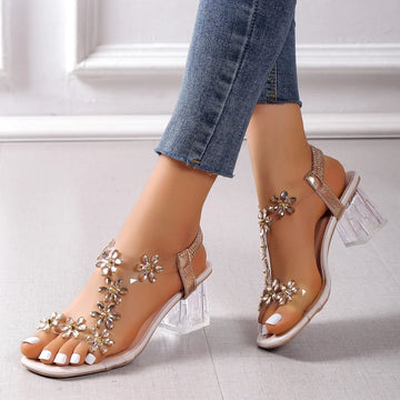 Women’s PVC Crystal Flower Sandals – Chunky Heel Back Strap Fashion Shoes 2024