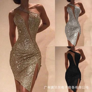 Women’s Sexy One-Shoulder Split Dress – Sleeveless Fashion Dress 2023