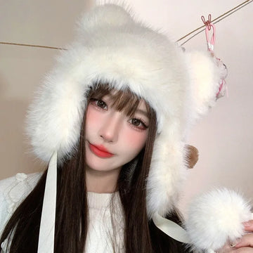Women’s Winter Plush Hat – Korean Style Thick Imitation Fur Beanie with Ear Protection