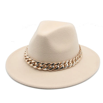 Unisex Wide Brim Fedora Hat – Luxury Felt Panama Jazz Cap with Gold Chain Band for Autumn & Winter
