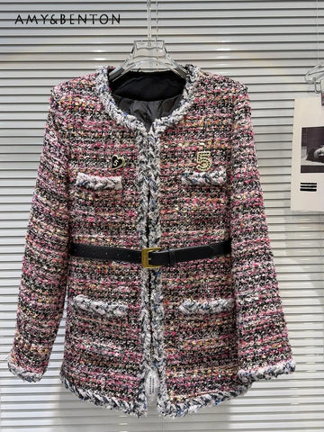 Women’s Winter Tweed Down Jacket – French Style Belted Patchwork Mid-Length Slim Coat