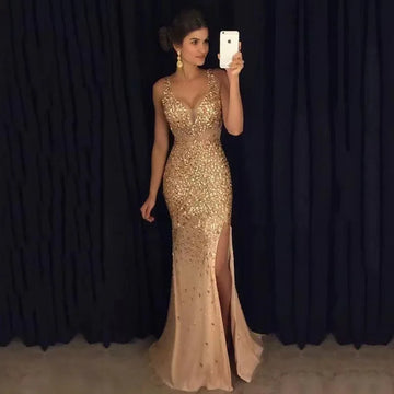 Women’s Sequin Evening Dress 2025 – Sleeveless Mesh Split Hem Mermaid Prom Gown