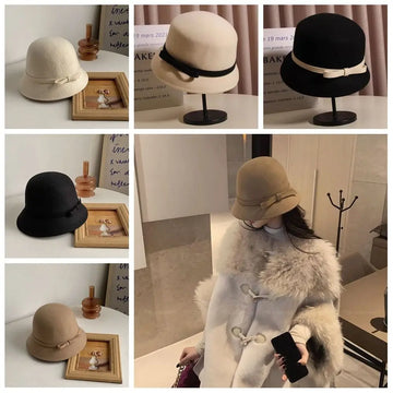 Women’s Retro Hepburn Felt Bucket Hat – Elegant British Style Bowknot Panama Cap for Autumn