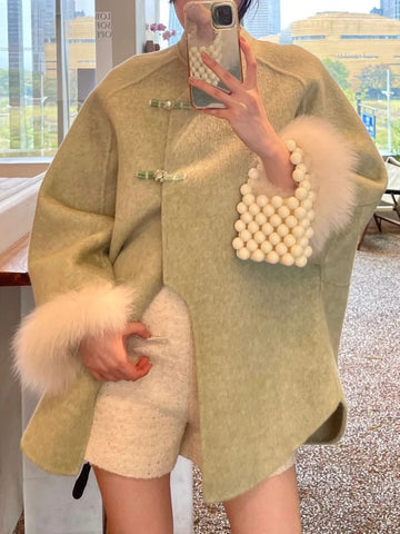 2024 Women’s French Vintage Wool Coat – Retro Green Loose Cloak Overcoat, Elegant Warm Outerwear