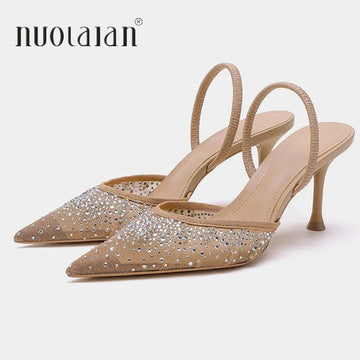 Summer Women’s Rhinestone Sandals – Mesh High Heels Slingback Pointed Toe Party Pumps