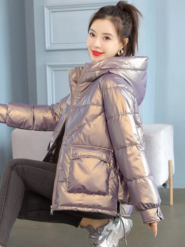 2025 Women’s Winter Glossy Down Jacket – Hooded Cotton Padded Parka, Warm Casual Outerwear