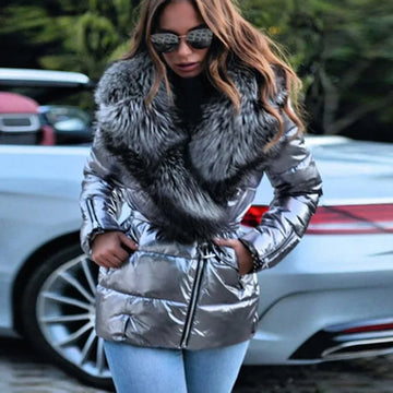 Winter Coat Women Bright Surface Large Collar Short Down Cotton Jacket Punk Style Slim
