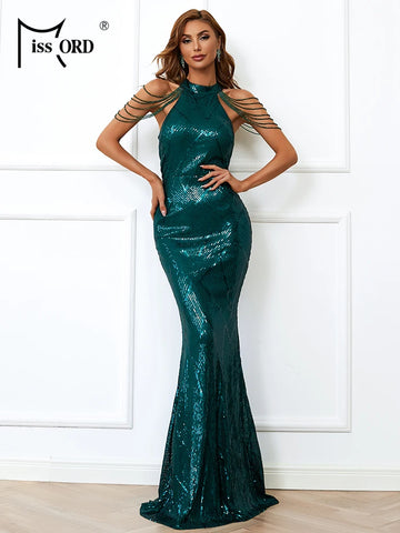 Elegant Green Sequin Party Dress – Halter Tassel Bodycon Evening Gown for Women, Wedding & Prom 2025