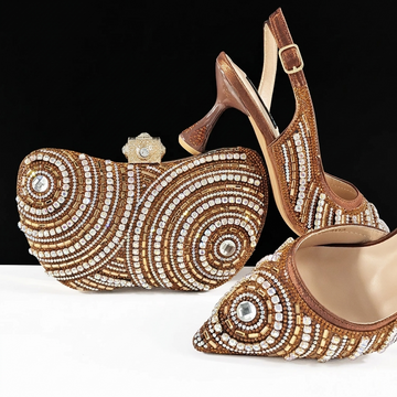 Embellished Heels & Matching Coffee Bag Set – Crystal Pointed-Toe Slingback Party Shoes