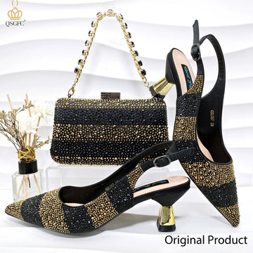 Embellished Heels & Black Gold Matching Bag Set – Crystal Pointed-Toe Slingback Pumps for Weddings & Parties