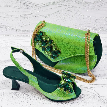 Green Peep-Toe Heels – Elegant Women’s Pumps with Diamonds & Italian Shoes and Bag Set