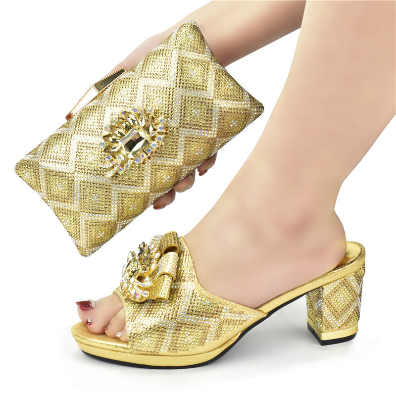 European And American Shoes And Bags Set Solid Color Rhinestone Sandals With Clutch - Blingy Bag LLC