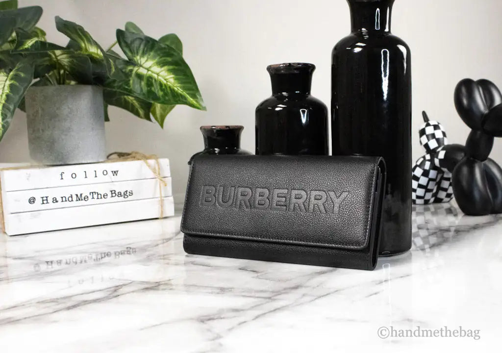 Burberry Porter Black Leather Branded Embossed Clutch Flap Wallet - Blingy Bag LLC