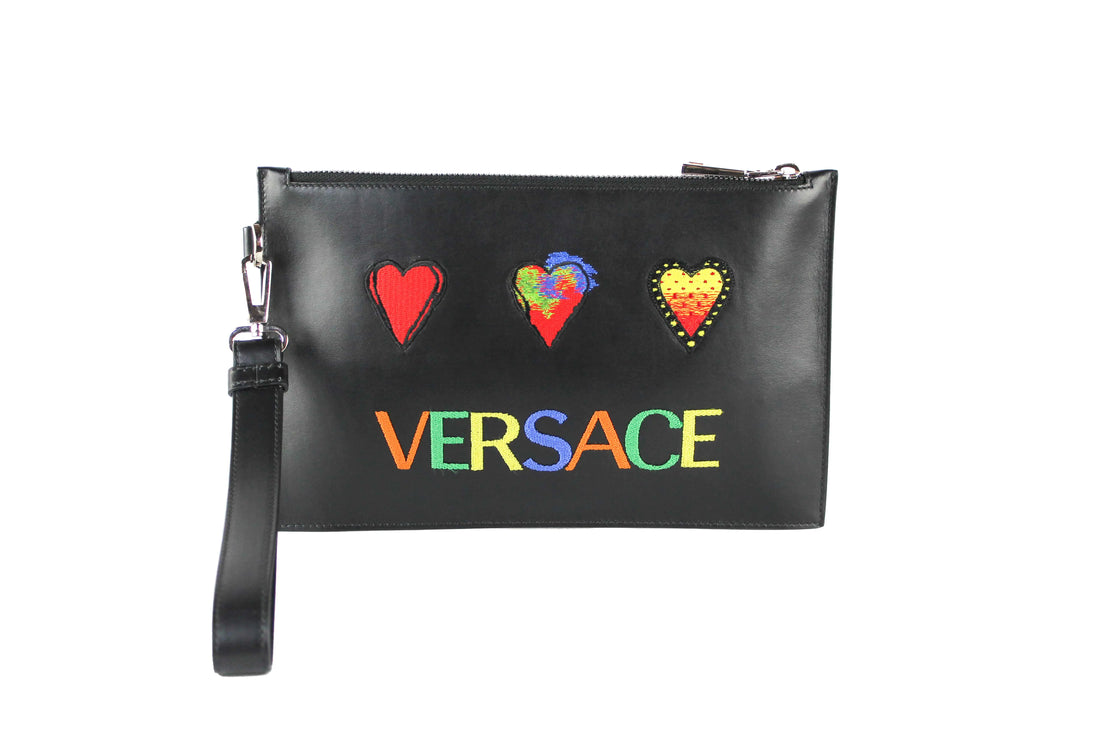 Versace Small Leather Embroidered Heart Patch Clutch - Blingy Bag LLC