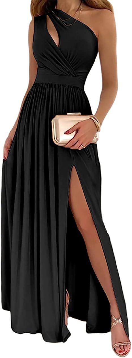 Women's One Shoulder High Split Cutout Sleeveless Elegant Sexy Cocktail Maxi Dress - Blingy Bag LLC