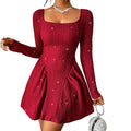 Women's Clothing Long Sleeve Square-neck Dress - Blingy Bag LLC