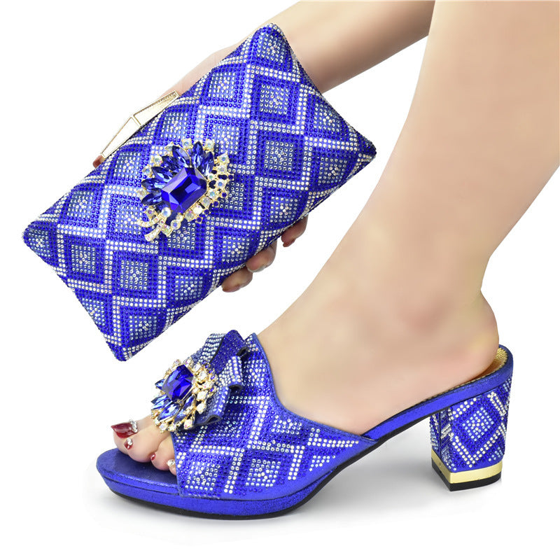 European And American Shoes And Bags Set Solid Color Rhinestone Sandals With Clutch - Blingy Bag LLC