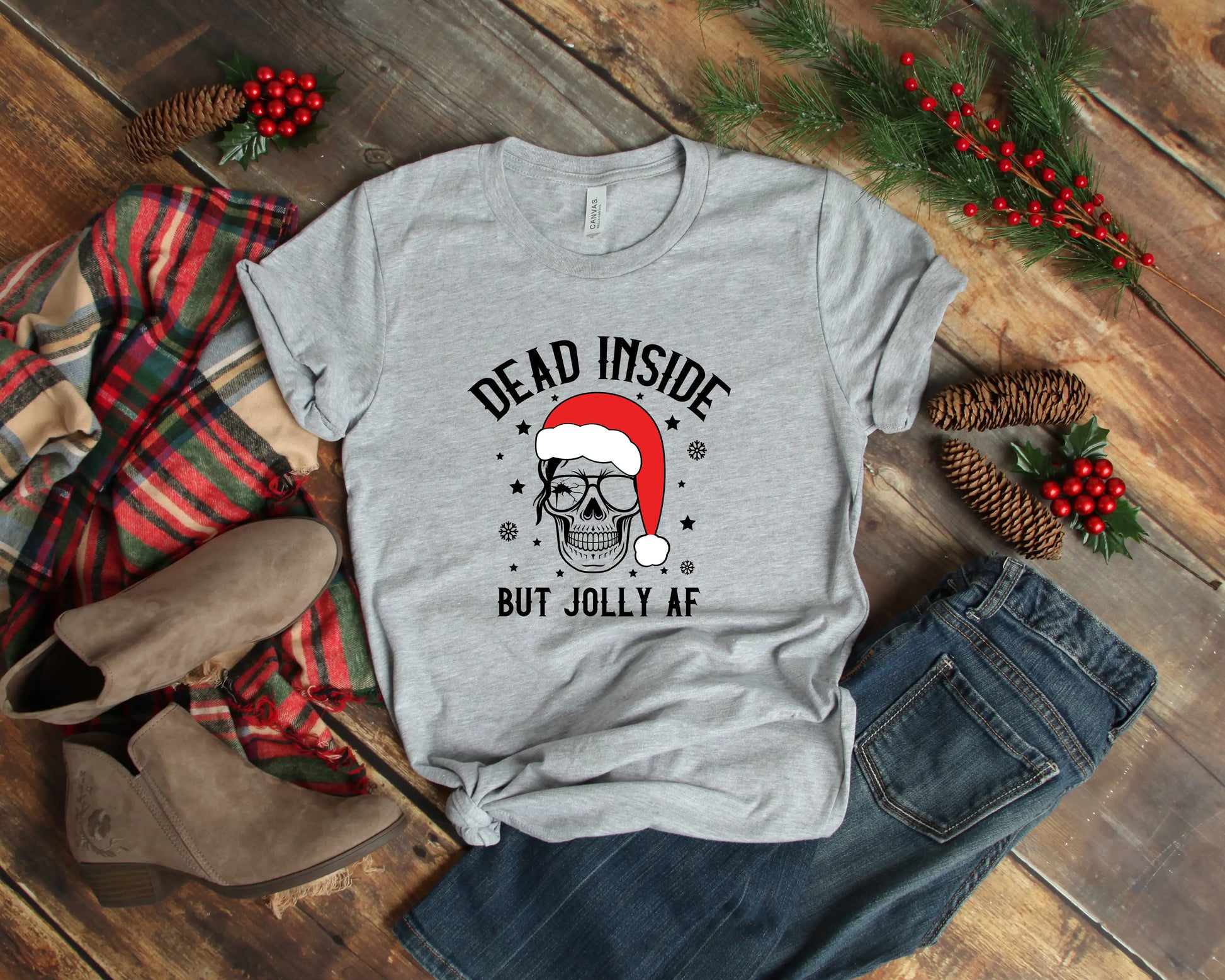 Dead Inside But Joly AF Christmas Skeleton Shirt, Christmas Shirt - Blingy Bag LLC