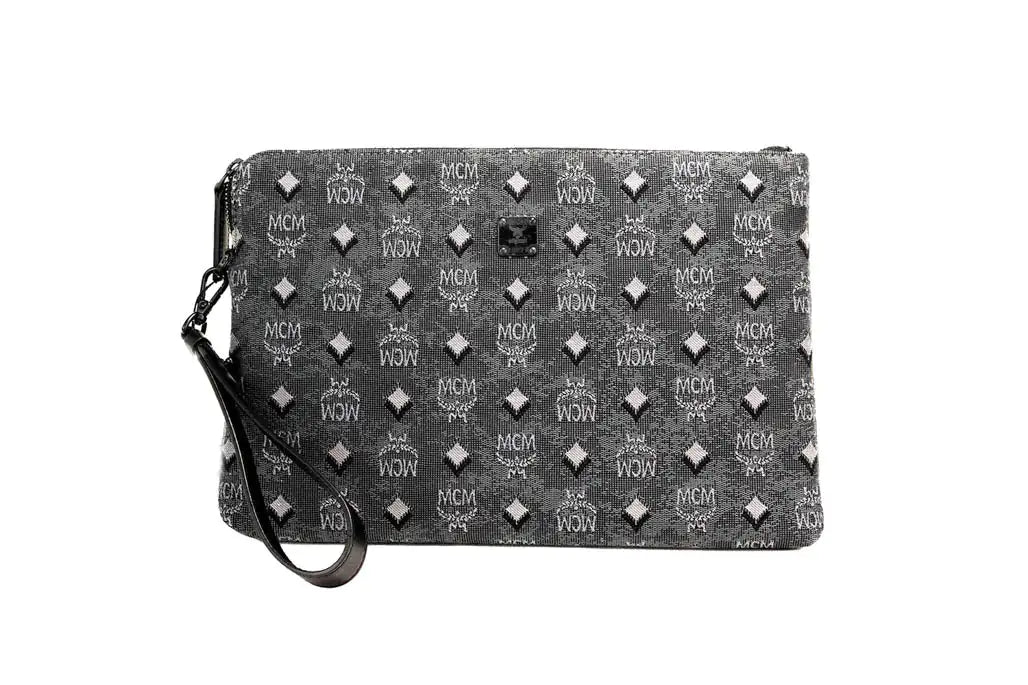 MCM Veritas Medium Dark Grey Denim Monogram Clutch Pouch - Blingy Bag LLC