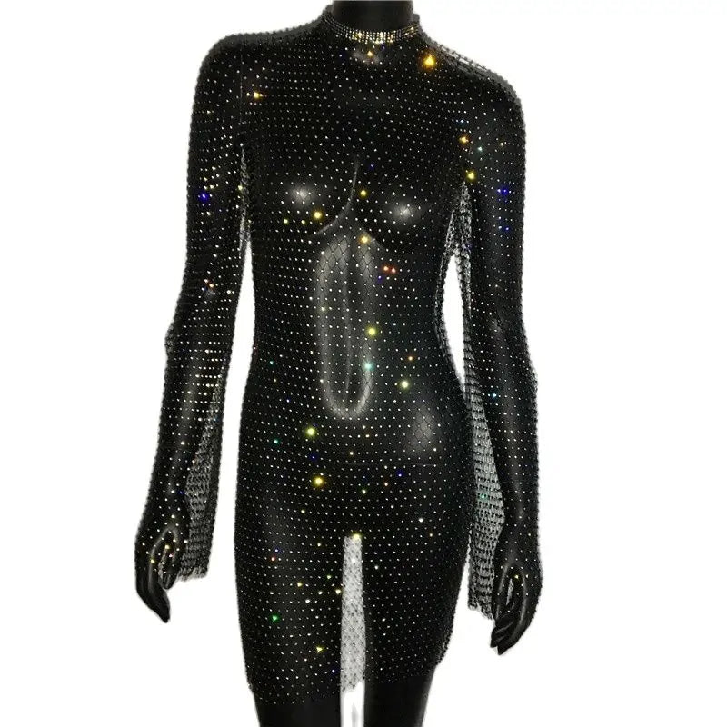 Bling Rhinestones Fishnet Mini Dress - Blingy Bag LLC