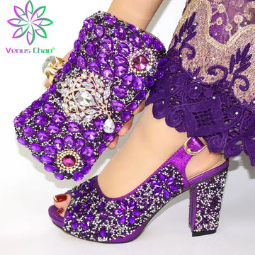 Women’s Nigerian Party Shoe & Matching Bag Set – Italian Slip-On Rhinestone Decor