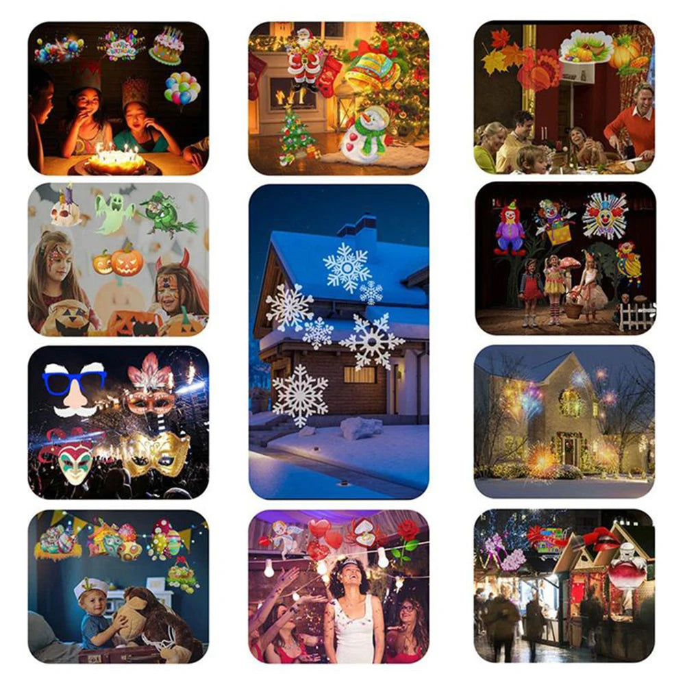 Xmas Halloween Projector Animation Effect IP44 Indoor/Outdoor Projector 12/16 Patterns Snowflake/Snowman Night Light - Blingy Bag LLC