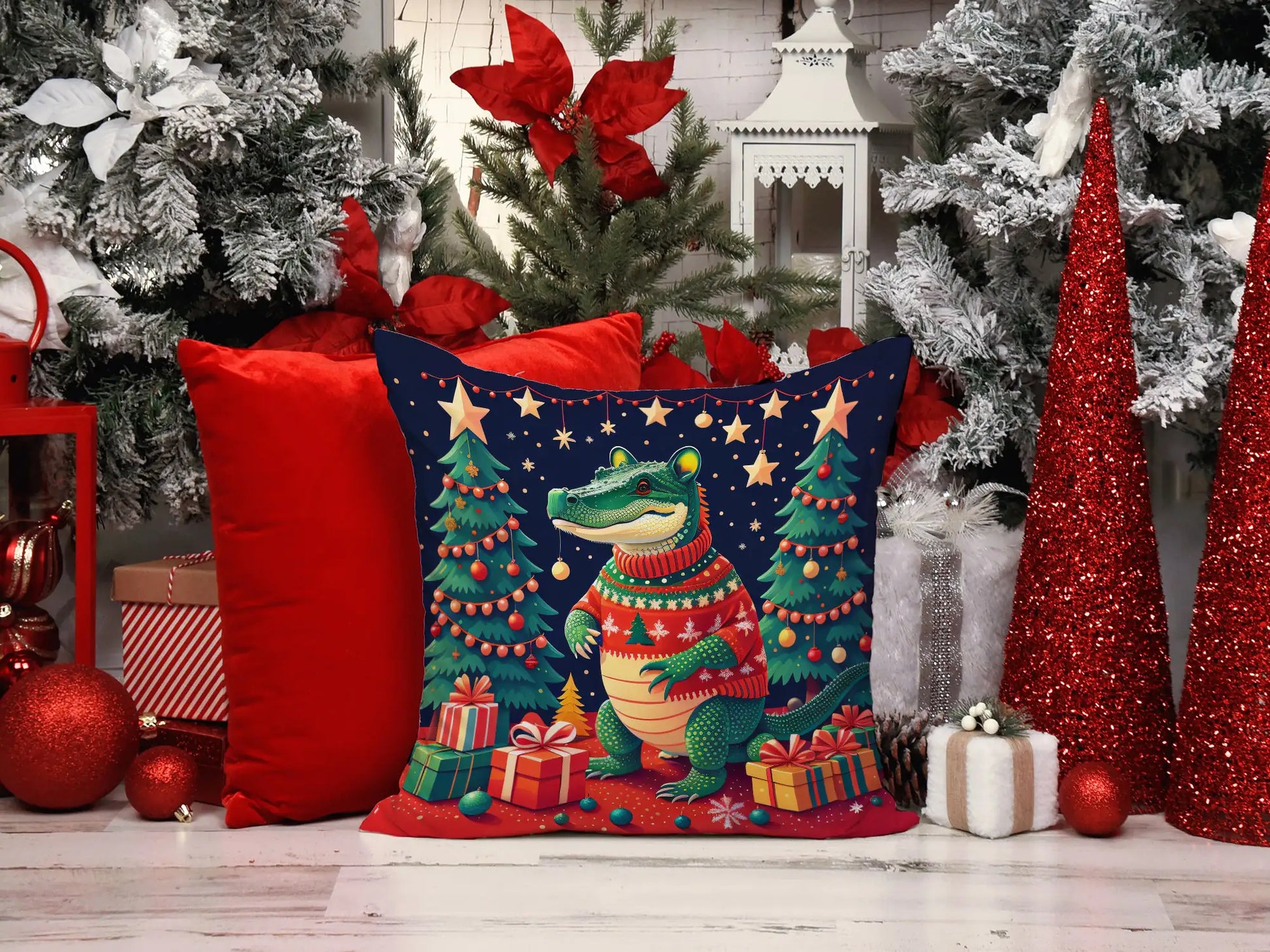 Alligator Christmas Throw Pillow - Blingy Bag LLC