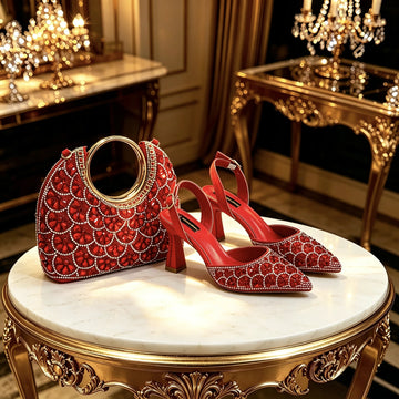 Red Rhinestone Pointed Toe Heels & Matching Handbag Set