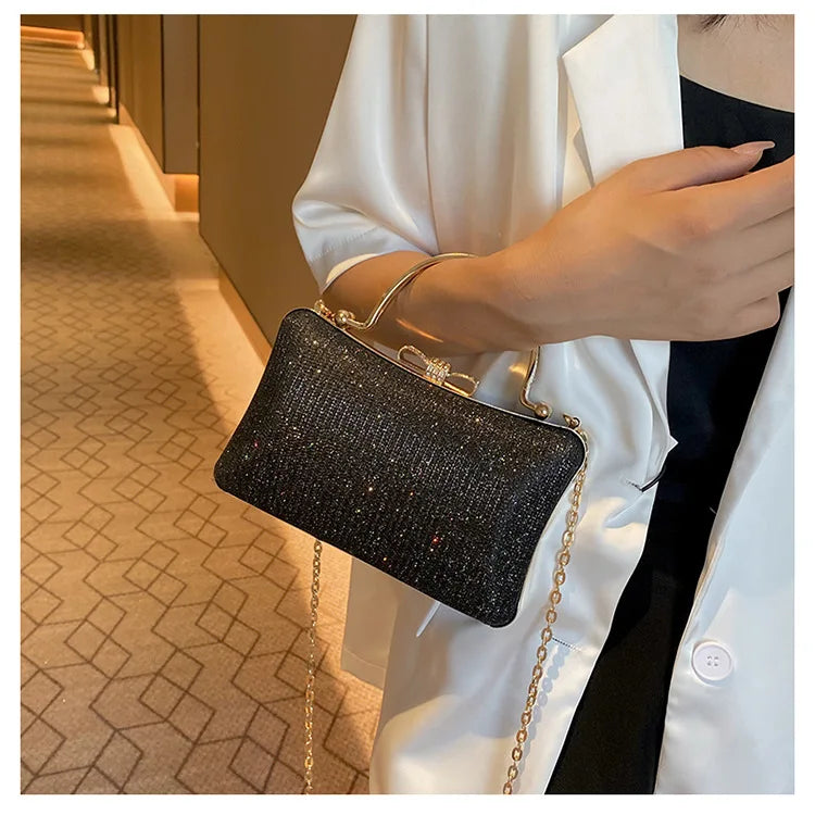 Chic Glitter Sequins Diamond Clutch Handbag Women Metal Top Handle PU Leather Square Rhinestone Messenger Purse Chain Bag Box - Blingy Bag LLC