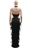 Halter Glitter Lace-Up Long Dress - Blingy Bag LLC