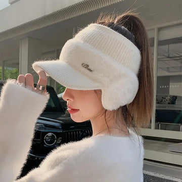 Women’s Winter Knitted Baseball Cap – Warm Windproof Hat with Ear Wings & Ponytail Visor for Outdoor Sports