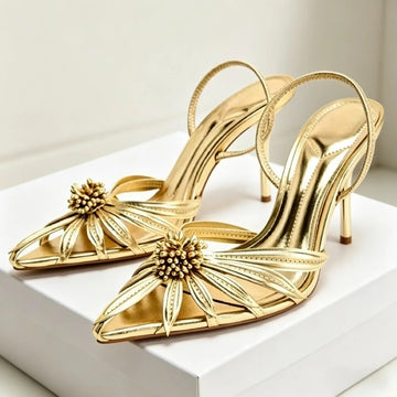 Gold Flower Pointed Toe Backless Heels for Women