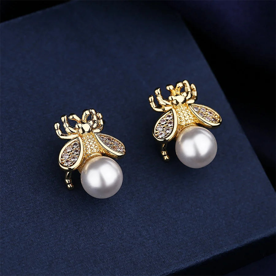 Honey Bee Pearl Stud Earrings - Blingy Bag LLC