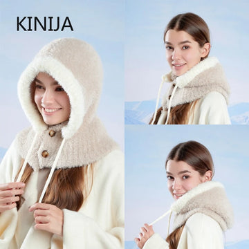 Women’s Winter Knitted Balaclava Hat – Wool Hooded Ski Cap with Drawstring Neck Warmer