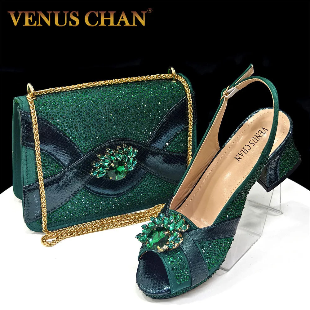 2025 Women’s Green Peep-Toe Heels – Diamond Accent Pumps with Italian Party Shoes & Bag Set