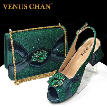 2025 Women’s Green Peep-Toe Heels – Diamond Accent Pumps with Italian Party Shoes & Bag Set