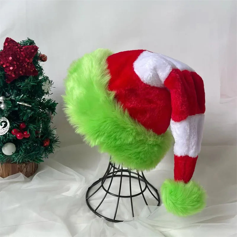 Long Plush Christmas Santa Hat – Red Splicing Holiday Hat