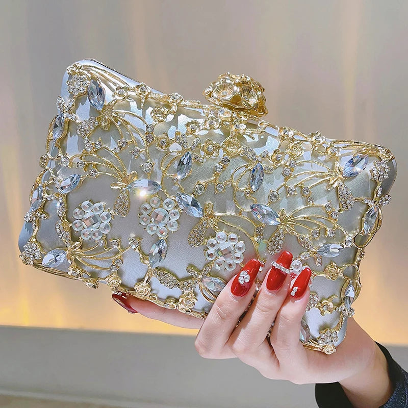 Hollow Rhinestone Evening Bag Elegant Box Clutch Purse Women's Handbags For Party Prom Wedding - Blingy Bag LLC