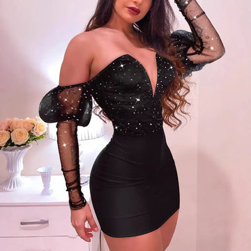 Women’s Mesh Bodycon Mini Dress – Sexy Long Sleeve High Waist Slim Fit