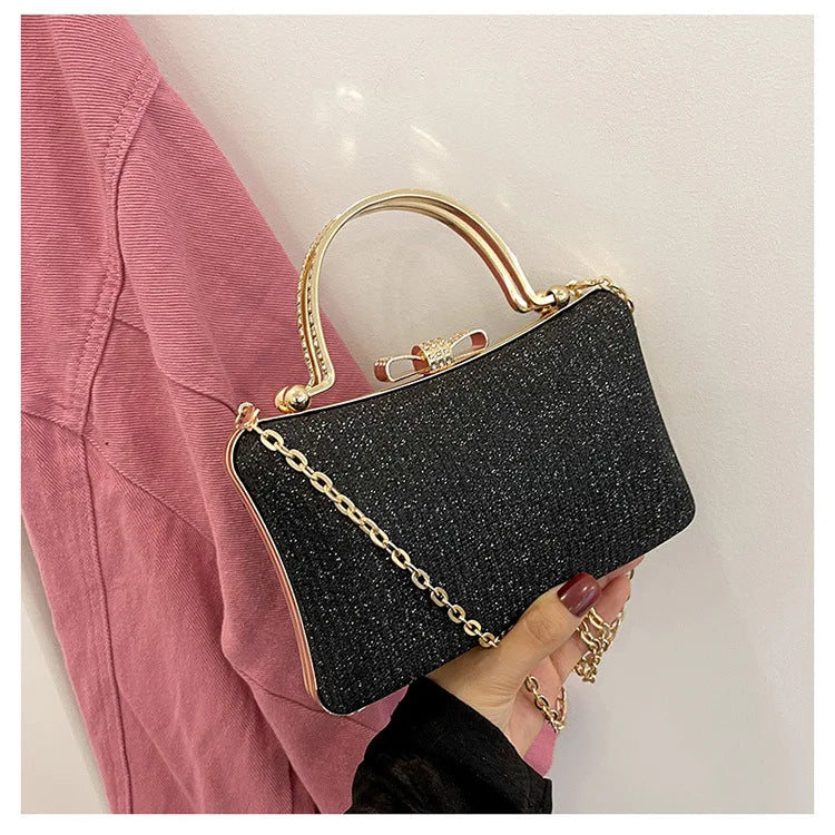 Chic Glitter Sequins Diamond Clutch Handbag Women Metal Top Handle PU Leather Square Rhinestone Messenger Purse Chain Bag Box - Blingy Bag LLC