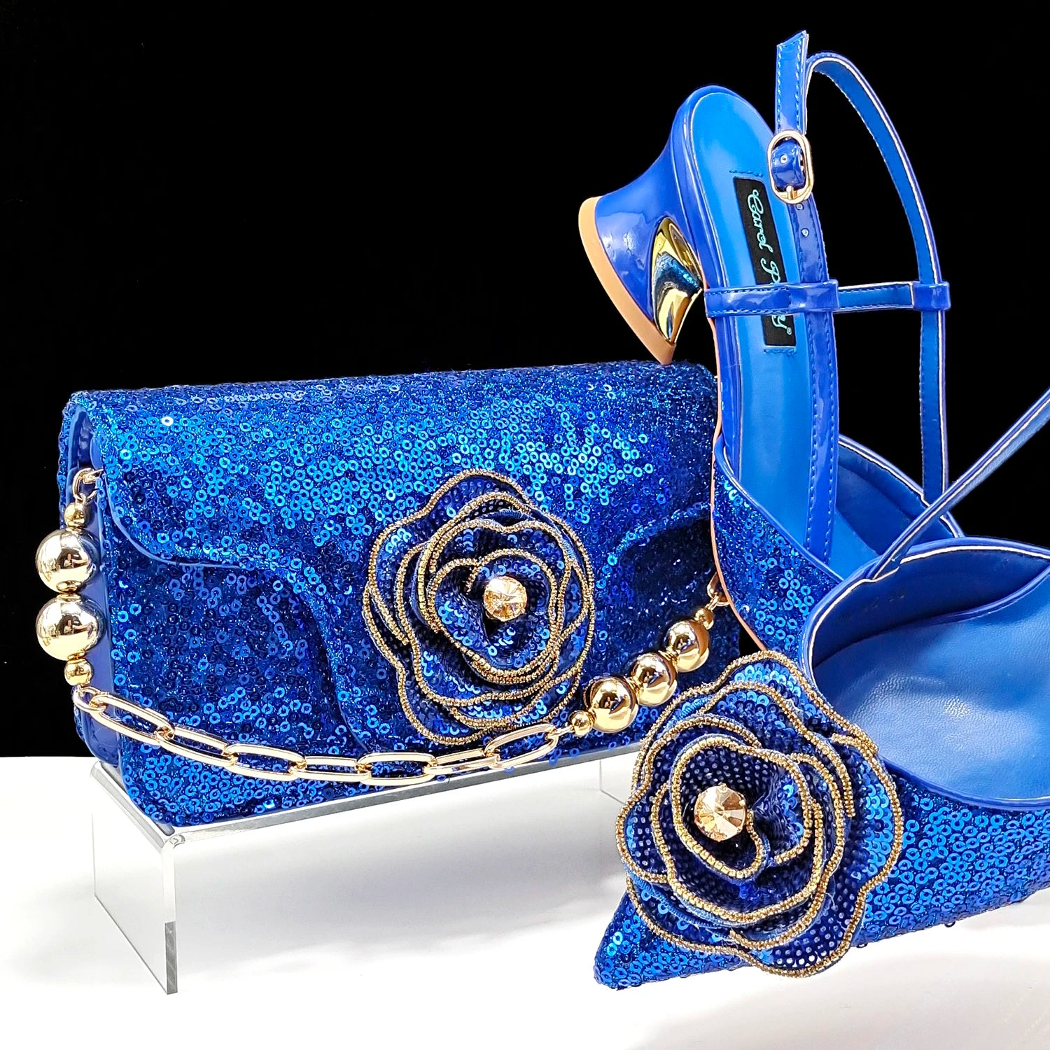 Women’s Royal Blue Heels & Bag Set – Flower Design Pointed Toe Shoes with Rhinestones for Party & Wedding