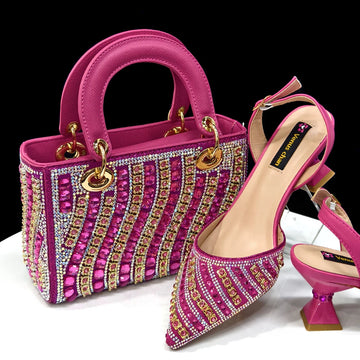 Women’s Fuchsia Heels & Bag Set 2025 – Shiny Italian Fashion with Rhinestones