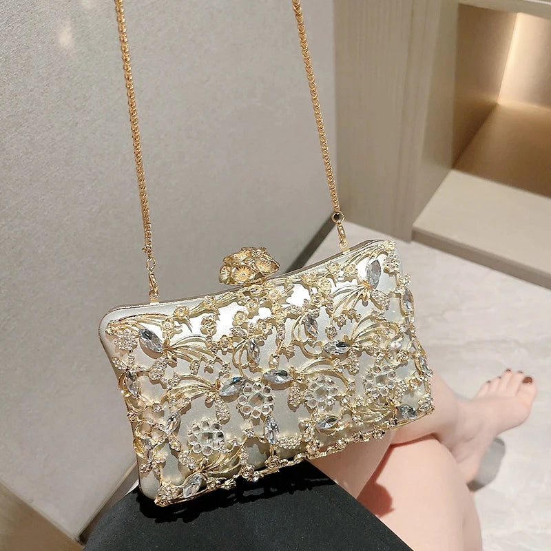 Hollow Rhinestone Evening Bag Elegant Box Clutch Purse Women's Handbags For Party Prom Wedding - Blingy Bag LLC