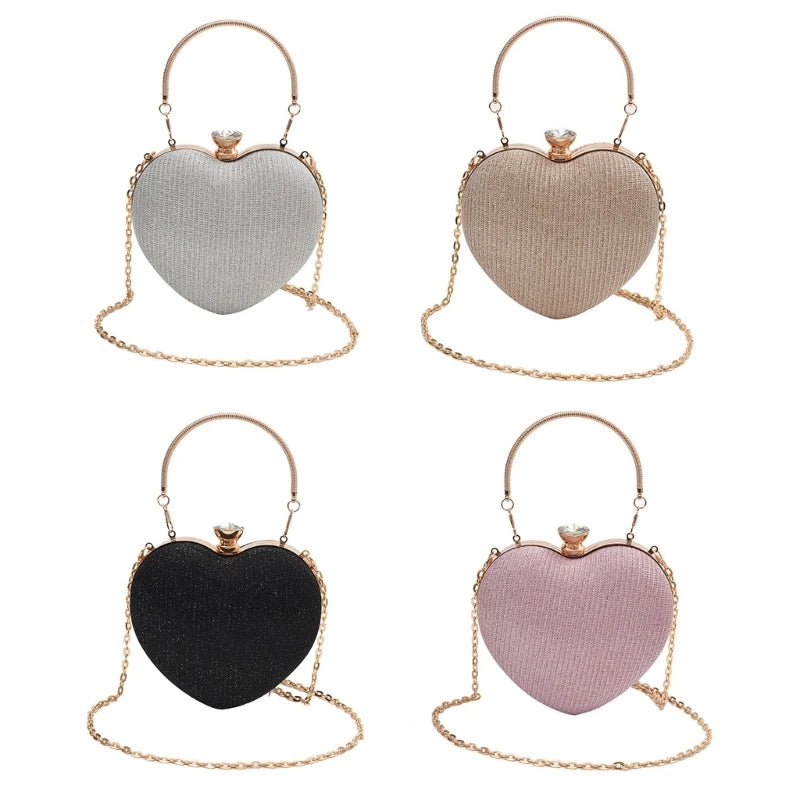Heart Shaped Evening Clutch Bag Chain Strap Shoulder Bag Trend Clutch Handbag Stylish Evening Bag for Women and Girls