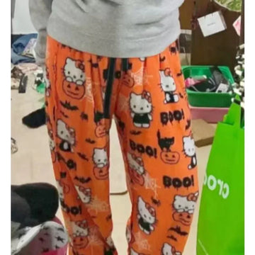 Kawaii Cartoon Pajamas Pants Halloween Hello Kitty Coral Fleece Pajama Pants Casual Home Soft Trousers Girl Clothes Gift - Blingy Bag LLC