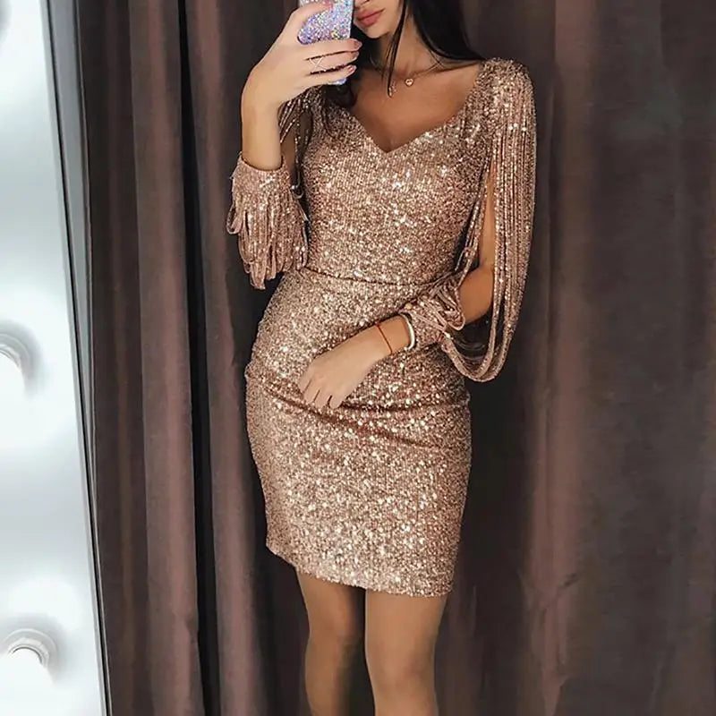 Sparkly V-Neck Tassel Mini Dress - Blingy Bag LLC