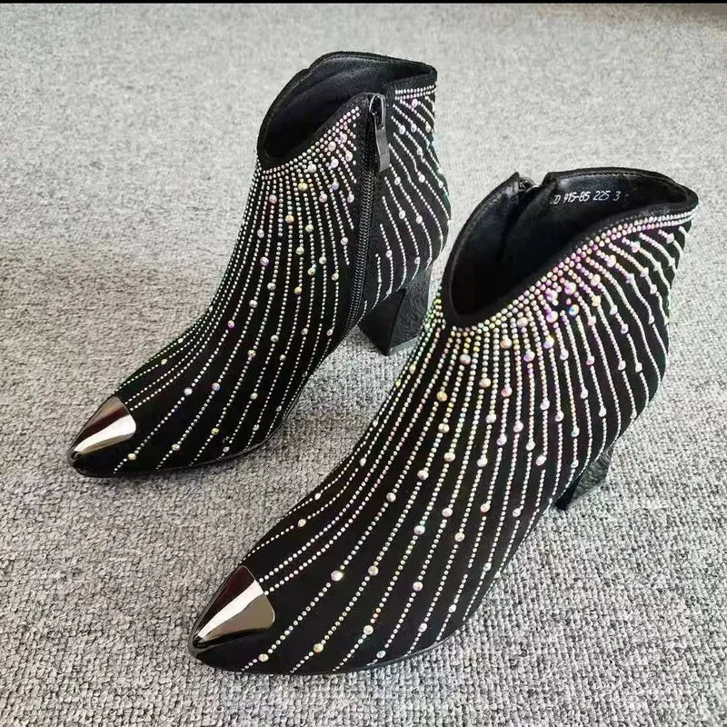 Pointed Rhinestone Ankle Boots - Blingy Bag LLC