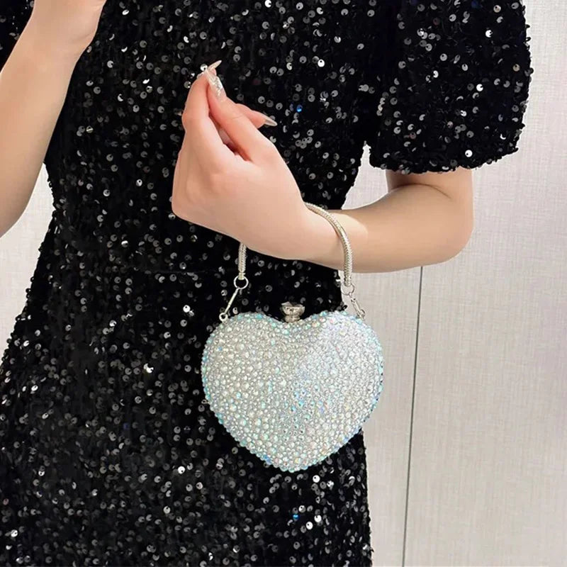 2024 Luxury Diamond Inlay Heart Shape Crystal Clutch Purse Stones Evening Wedding Party Shoulder Bag Rhinestone Clutches Bags - Blingy Bag LLC